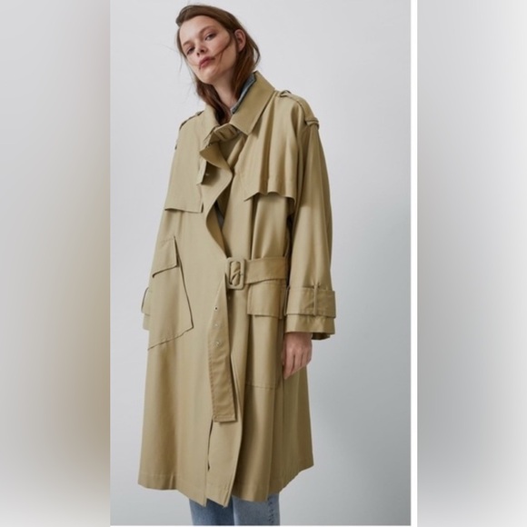 ZARA Women’s Oversized Tan Beige Double Breasted Long Trench Coat Oversized L-XL - Picture 2 of 10